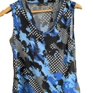 Chelsea Rose Sleeveless Cowl-Neck Top, Blues/Black/White Pattern, Size Small
